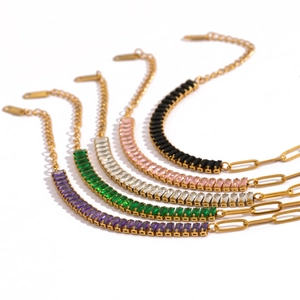 18k gold plated stainless steel paperclip bracelets with colorful zircon stones in five colors