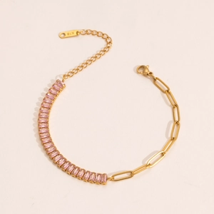 18k gold plated stainless steel bracelet with pink zircon stones and paperclip chain links