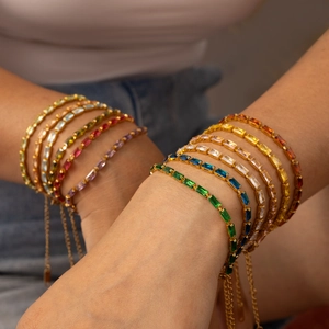 Stainless Steel Gold Plated Rectangular Zirconia Tennis Bracelet For Women Luxury Colorful Adjustable Chain Jewelry Gift