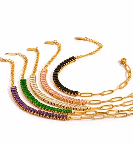 Detail of five colorful square-cut zircon bracelets with gold chains and adjustable clasps