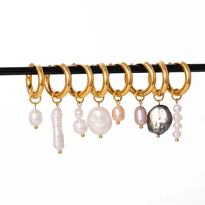 Set of 18K gold-plated stainless steel hoop earrings with various baroque pearl pendants