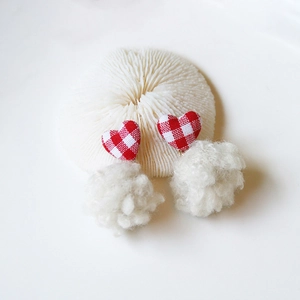 Handmade red checkered heart earrings with white plush wool ball pendants for winter