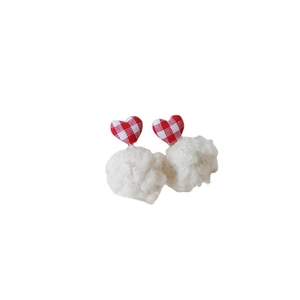 Winter heart pattern plaid earrings with soft plush pompom pendants for DIY jewelry