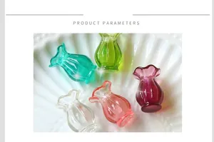Detail of miniature glass-like flower vases in five colors with textured vertical stripes