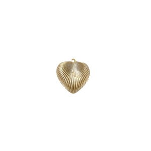 Golden heart pendant with radial stripe texture and metallic luster on white background