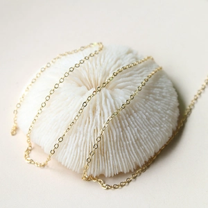 Elegant gold plated O-shaped fine link chain draped over white coral decor for jewelry