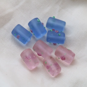 Frosted glass cylinder flower beads for DIY jewelry making in pink and blue colors
