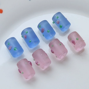 Cylindrical frosted glass flower beads in blue and pink for DIY jewelry making