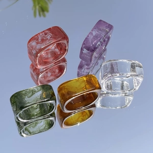 Set of five Y2K colorful ink-wash square resin rings in red, purple, and green shades