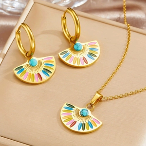 Collier Pendentif Éventail en Acier Inoxydable Bohémien Émail Coloré Boucles d'Oreilles Géométriques Bijoux Style Ethnique