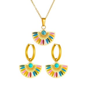 Parure bijoux en émail forme éventail avec turquoise, collier et boucles d'oreilles