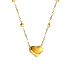 Elegant 3D heart necklace in polished gold finish with beaded titanium steel chain