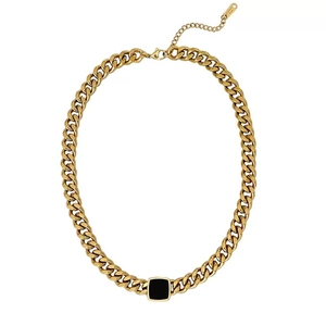 Gold-plated stainless steel chunky Cuban chain necklace with a black square pendant