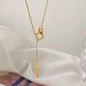 Minimalist gold titanium steel Y-necklace with geometric squares and long tassel pendant