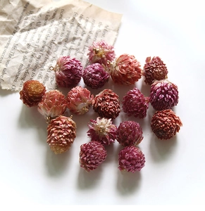 Macro detail of assorted dried flower charms with gold loops for DIY jewelry making