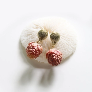 Handmade vintage gold earrings with preserved deep pink dried flower petal drops