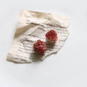 Deep red globe amaranth dried flower resin pendants with gold rings on vintage paper