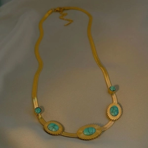Bohemian Vintage Titanium Steel Artificial Turquoise Pendant Necklace For Women Gold Plated Snake Chain Geometric Jewelry