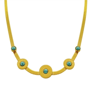 Gold titanium snake chain necklace with five turquoise stones and radial sunburst patterns