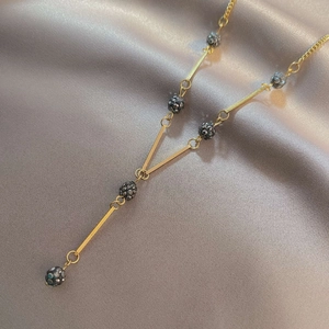 Stainless Steel Y-Shaped Pendant Necklace Gold Plated Rhinestone Ball Long Tassel Geometric Clavicle Chain For Women Jewelry