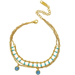 Tobillera de acero dorado de tres capas con dijes de ojo turco azul y cuentas finas
