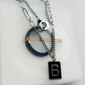 Double-layered stainless steel necklace with B-letter pendant and handcuffs charm