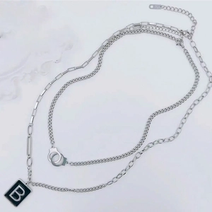 Titanium Steel Double Layer Necklace With B Letter Square Pendant And Handcuff Charm Punk Street Style Jewelry For Women