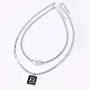Double-layered stainless steel necklace with B-letter square pendant and handcuff links