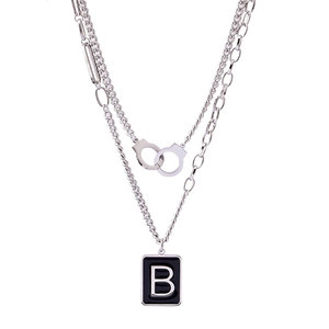 Double-layer stainless steel necklace featuring a handcuff charm and square letter B pendant