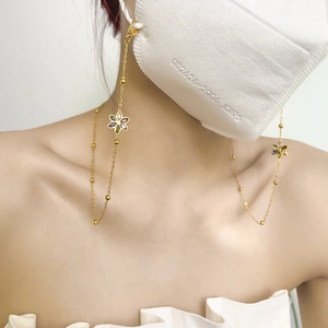 Golden 3-in-1 multi-functional necklace and mask chain with colorful floral crystals