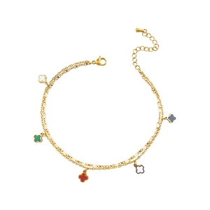 Tobillera de doble capa en titanio dorado con cinco tréboles de colores y cadena ajustable