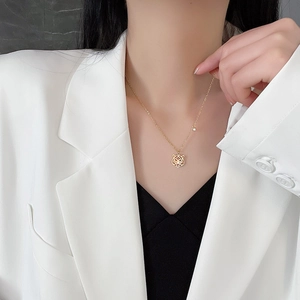 Zodiac Tiger Head Necklace for Women, Gold Plated Titanium Steel Pendant on Model