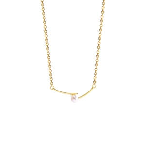 Minimalistische gouden ketting met dubbele metalen staafjes en een ronde witte parel