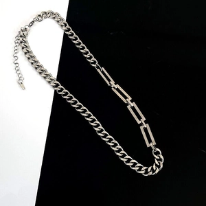 Titanium steel cuban and rectangular link splice necklace in silver for men and women