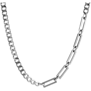 Polished titanium steel necklace featuring curb and paperclip chain link splicing design