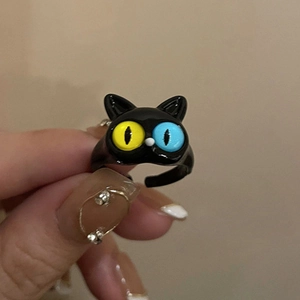 Süßer schwarzer Katzenring mit bunten Augen, verstellbarer Fingerring für Damen