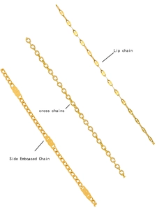 Détails de chaînes à bijoux en acier titane doré : mailles lèvres, croix et gaufrées