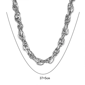 Macro shot of silver woven link chain necklace with 37+5cm size measurement display