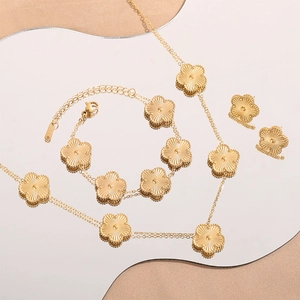 Parure de Bijoux Trèfle à Cinq Feuilles en Acier Inoxydable Or Bord Perlé Vintage Texture Rayonnante Collier Bracelet Boucles d'Oreilles