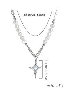 Collana di perle in acciaio al titanio con ciondolo a croce e cristallo per uomo e donna