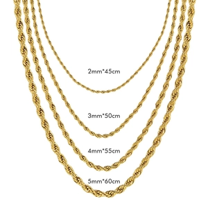 Gold plated stainless steel rope chains in various widths and lengths for men