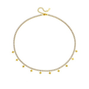 Gold eight-pointed star tennis necklace with white zircon pavé and adjustable chain