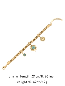 Bracelet à billes dorées avec pendentif fleur turquoise, longueur 21cm et poids 12g