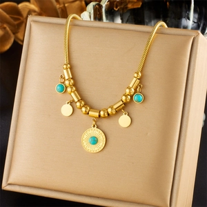 Bohemian gold plated stainless steel snake chain necklace with turquoise sun pendant