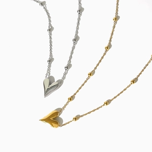 Minimalist heart pendant necklace with polished bead chain in gold and silver finishes