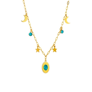 Bohemian gold-plated titanium necklace with turquoise pendants, stars, and moon charms