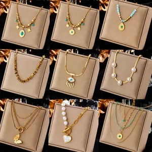Bohemian Titanium Steel Gold Plated Turquoise Pendant Necklace For Women Layered Butterfly Evil Eye Heart Sun Jewelry