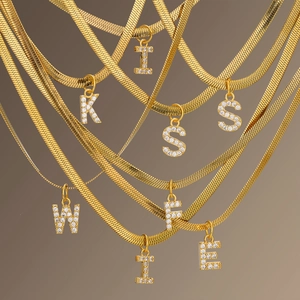 Gold Plated Stainless Steel Herringbone Snake Chain Initial Letter Necklace Women Men Cubic Zirconia Pendant Jewelry Gift