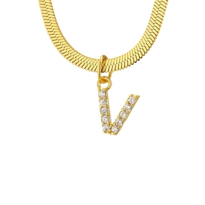 Gold letter V pendant necklace with zircon stones and herringbone chain for women