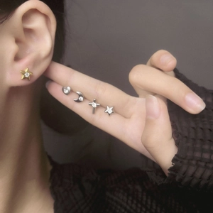 Star heart and moon titanium steel screw stud earrings with cubic zirconia